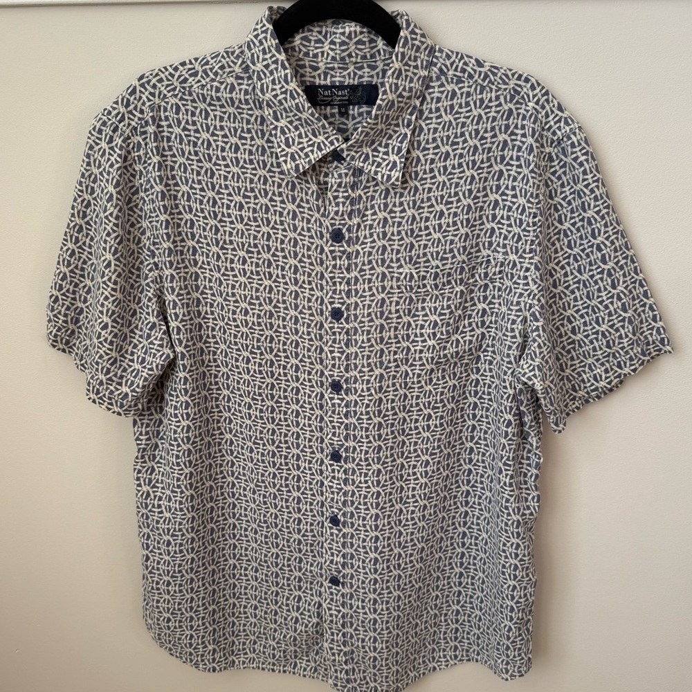 Nat Nast Basketweave Print Silk Blend Button Up Shirt Blue Ivory Short Sleeve M